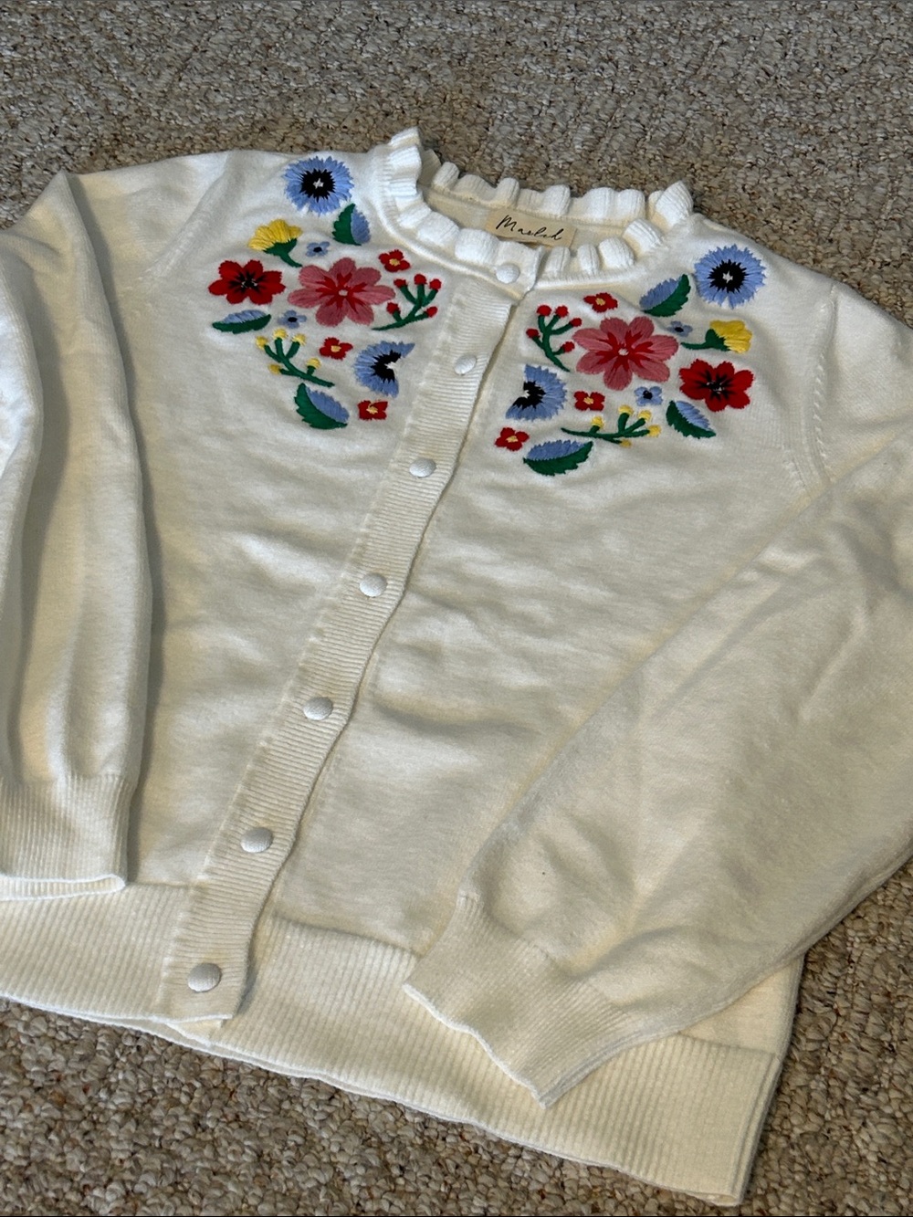 Marled White Floral Embroidered Button-Up Sweater Cardigan Medium - Picture 6 of 10